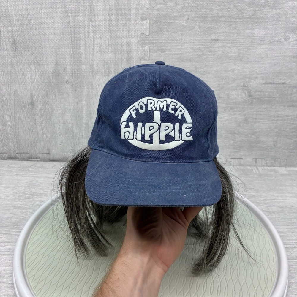 Vintage Pony Express Former Hippie Hat Mens Blue Cotton Wig Novelty Snapback